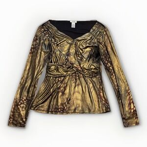 VTG Cache Metallic Leopard Print Baby Doll‎ Top Large Y2K Festival Holiday Glam